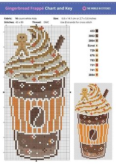 a cross stitch pattern with a cup of coffee on it and the measurements for each item