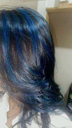 Cute Hair Dye Ideas Highlights, Blue Black Hair With Blue Highlights, Blue Stripes In Hair, Blue Coloured Hair, Blue Color Hair Highlights, Black Hair And Blue Highlights, Short Black Hair With Blue Highlights, Colourful Dyed Hair, Hair Dye Colors Blue