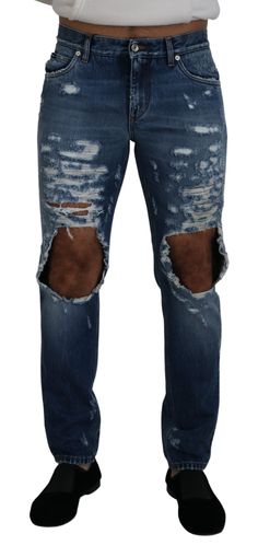 Dolce & Gabbana Chic Tattered Denim Pants for the Modern Men's Man Men Denim Jeans, Dolce And Gabbana Jeans, Dolce And Gabbana Blue, Denim Jeans Men, Dolce E Gabbana, Brand Store, Fashion Outlet, Pants Color, Large Fashion