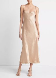 Satin Frayed-Edge Bias Camisole Dress in Dresses | Vince Chic Sleeveless Dress With Subtle Sheen, Sleeveless Silk Slip Dress With Subtle Sheen, Chic Satin Slip Dress With Subtle Sheen, Chic Slip Dress With Subtle Sheen For Party, Bias Dress, Valentino Designer, Denim Jewelry, Timeless Dress, Camisole Dress