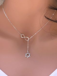 JEWISH STAR NECKLACE, Tiny David Star Pendant Infinity Symbol Necklace, Delicate Lariat Thin Chain Necklace Gift For Her, Bat Mitzvah Gfit. Infinity Symbol Necklace, Tiny Cross Necklace, David Star, Star David, Symbol Necklace, Gold Cross Necklace