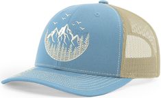 High quality Richardson 112 Trucker hat. Structured, mid-profile, six-panel cap with snapback fitting. Artfully embroidered caps with the Mountain Hat Edition artwork from the Outdoor Hat Series by Horn Gear. 100% satisfaction guaranteed. If you love the outdoors, hunting, fishing, or hiking, express yourself with this stylish and high airflow cap. Mountain Hat, Outdoor Hat, Hiking And Camping, Fishing Gift, Hunting Gifts, Outdoor Hats, Embroidered Caps, Blue Khakis, Columbia Blue