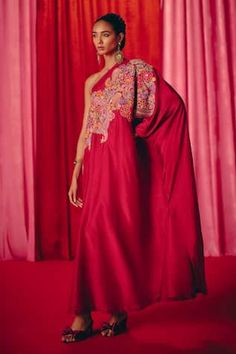 Maroon kaftan dress hand embroidered with multicolored resham, zardozi and pearls in paisley and floral artwork. - Aza Fashions Mrunalini Rao, Genelia D'souza, Sanya Malhotra, Anushree Reddy, Jacqueline Fernandez, Kaftan Dress, Modern Bride, Pure Silk, Aza Fashion