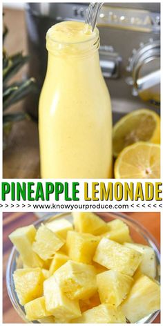 pineapple lemonade in a mason jar and on a plate next to sliced fruit