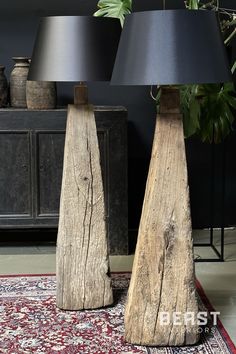 two wooden lamps sitting on top of a rug next to a table with a plant