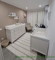 a baby's room with a crib, changing table and dresser in it