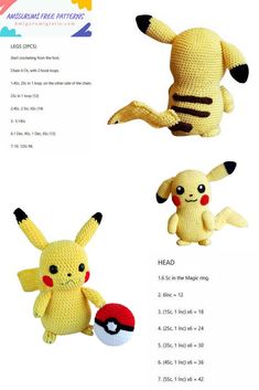 crocheted pokemon stuffed animals are shown in three different styles and sizes, including the pikachu