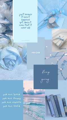 a collage of blue and white images with the words keep going