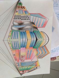 a drawing of a city with buildings and lines on it's side, in color