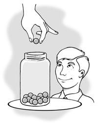 a drawing of a man sitting at a table in front of a jar filled with coins