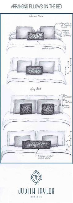 the drawing shows how to arrange pillows on the bed