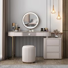 a white vanity with a round mirror above it and a stool in front of it