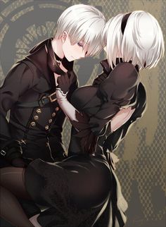 two people sitting next to each other with white hair and black clothes on their backs