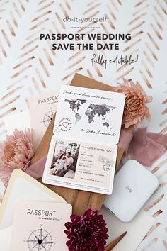 passport wedding save the date cards and flowers