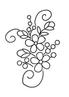 a black and white drawing of flowers with swirls on the stems, in a vase