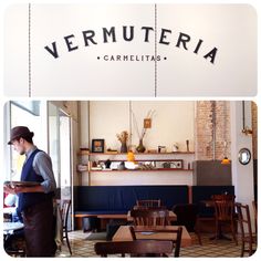 a man standing in front of a table with food on top of it next to a sign that says vermuteria