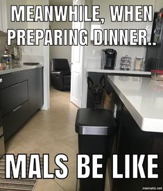 a dog sitting in the middle of a kitchen next to a trash can and counter