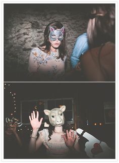 two pictures of a woman wearing a cat mask and holding her hand up to the camera