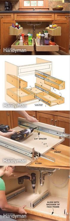 the kitchen cabinet door is open and there are drawers labeled with instructions to install them