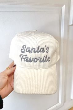 Get ready to sleigh the holiday season with Santa's Favorite Hat! Made from soft corduroy, this baseball hat is the perfect accessory for any festive occasion. Whether you're spreading holiday cheer or just looking for a unique and playful addition to your wardrobe, this hat has got you covered. Trendy White Winter Baseball Cap, Casual Holiday Hat With Curved Brim, Adjustable Casual Hats For Holiday, Casual Curved Brim Hats For Holiday, Casual Curved Brim Holiday Hat, Casual Curved Brim Hat For Holidays, Trendy Winter Dad Hat, One Size, White Winter Baseball Cap With Curved Brim, White Curved Brim Baseball Cap For Winter