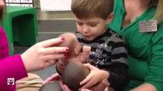 a little boy is getting his hair cut by an older woman and two other people