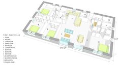 the floor plan for an apartment building with two floors and three rooms, all in different colors