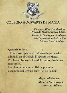 an old paper with the words college hogwarts de maga written in spanish