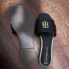 Black With Gold Size 9. Never Worn. Hilfiger Shoes, Tommy Hilfiger Shoes, Women's Shoes Sandals, Shoes Sandals, Tommy Hilfiger, Women Shoes, Sandals, Women Shopping, Gold