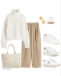 Trouser Autumn Outfit, Beige Autumn Outfit, The Tote Bag Outfit Marc Jacobs, Beige Sweater Outfit Winter, Neutral Teacher Outfit, Fukuoka Outfit, Winter Outfits Teacher, Beige Jumper Outfit, White Trainers Outfit