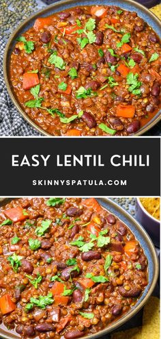 easy lentil chili recipe with carrots, beans and cilantro