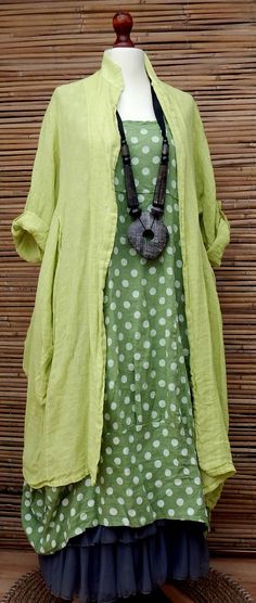 LAGENLOOK LINEN AMAZING BOHO 2 PCS DOTS DRESS+LONG JACKET*LIME/GREEN*SIZE XL-XXL in Clothes, Shoes & Accessories, Women's Clothing, Dresses | eBay! Boho Shoes, Dots Dress, Linen Fashion, Bohol, Mode Casual, Long Jacket, Green Colour, Clothing Dresses