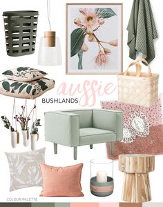 a collage of various items including a chair, vases and other decor elements