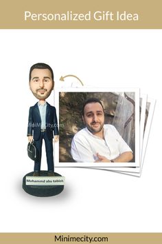 a custom bobble head is shown next to an image of a man in a suit