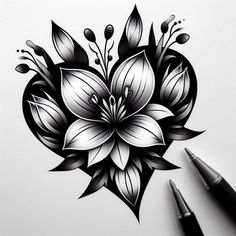 a black and white drawing of a flower with leaves on the petals, surrounded by two pens