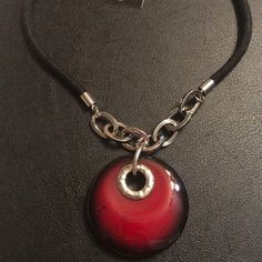 Cookie Lee Deep Red Disk Pendant Black Rope Chain Silver Details Brand New Trendy Red Metal Necklaces, Elegant Red Metal Chain Necklace, Trendy Red Metal Necklace, Trendy Red Adjustable Chain Necklace, Cookie Lee Jewelry, Black Rope, Chain Silver, Disc Pendant, Rope Chain