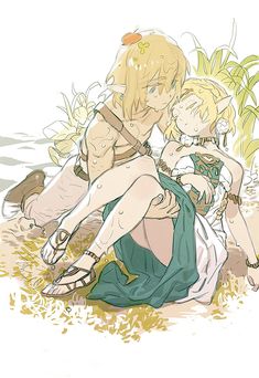 two anime characters sitting on the ground