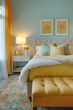 a bedroom with blue walls and yellow bedding