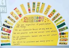 a bulletin board with colorful stickers on it in front of a whiteboard that says classroom assignment