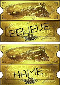 two gold tickets with an image of a train on them