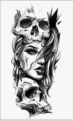 a woman's face with skulls on it and the words drawing in black ink