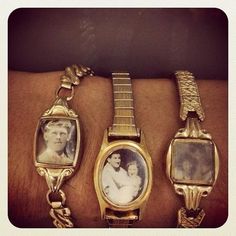 Clever use of old watches and way to share photos Recycled Watches Ideas, Watch Jewelry Ideas, Vintage Button Jewelry, Repurposed Watches, Vintage Tablescape, Vintage Upcycling, Watch Locket, Recycling Crafts, Vintage Jewelry Ideas