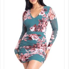 Teal Floral Print Mini Dress Sheer Long Sleeve V-Neck Shirring On The Side Lace Up Open Back Slip On Self-96%Poly/4%Span / Lining-100%Poly Floral Print V-neck Bodycon Dress For Parties, Floral Print V-neck Bodycon Dress For Night Out, V-neck Floral Print Bodycon Dress For Night Out, V-neck Floral Print Bodycon Dress For Party, V-neck Floral Bodycon Dress For Night Out, Party Floral Print V-neck Bodycon Dress, Party Bodycon Dress With Floral Print And V-neck, Floral Print Fitted V-neck Bodycon Dress, V-neck Floral Print Fitted Bodycon Dress