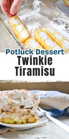 two pictures with the words potluck dessert twinkie tramisu