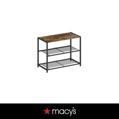 a wooden table sitting on top of a metal shelf with two shelves underneath it and the words macy's above it