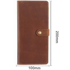 a brown leather notebook with a gold button on the front and side, measurements for each page