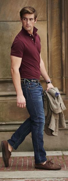 thetieguy: i like the idea of this look but i wish the pants were cuffed and the belt was solid brown. Denim Shirt Men, Instagram Outfits, Outfit Combinations, Mens Fashion Summer, Red Shirt, Mens Casual Outfits, Men Looks, Spring Outfits Casual, Ralph Lauren Men