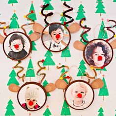 christmas ornaments with pictures of children and reindeers on them are arranged in the shape of santa's helpers