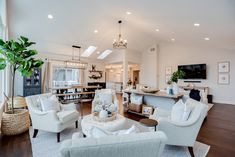 a living room filled with furniture and a flat screen tv mounted to the wall above it