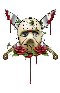 a drawing of a mask with roses on it and two flags hanging from the side