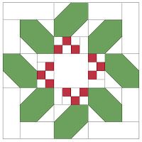 a green and red quilt block is shown